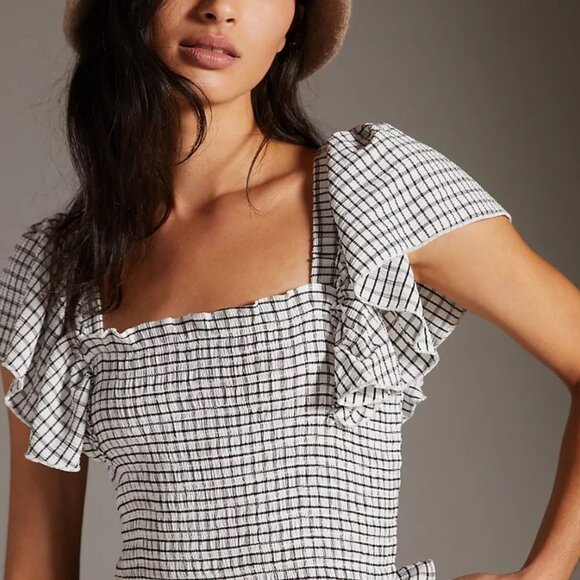 Maeve Crinkle Gingham Smocked Top Black and White Ruffled Blouse Size XS - Picture 2 of 8